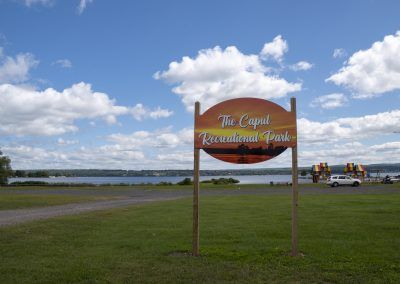 Capul Park sign by the entrance. Fishing, boating, hiking, snowmobiling, small town Michigan