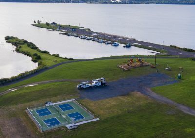 Drone view of Capul Park, Baraga Marina and Lake Superior