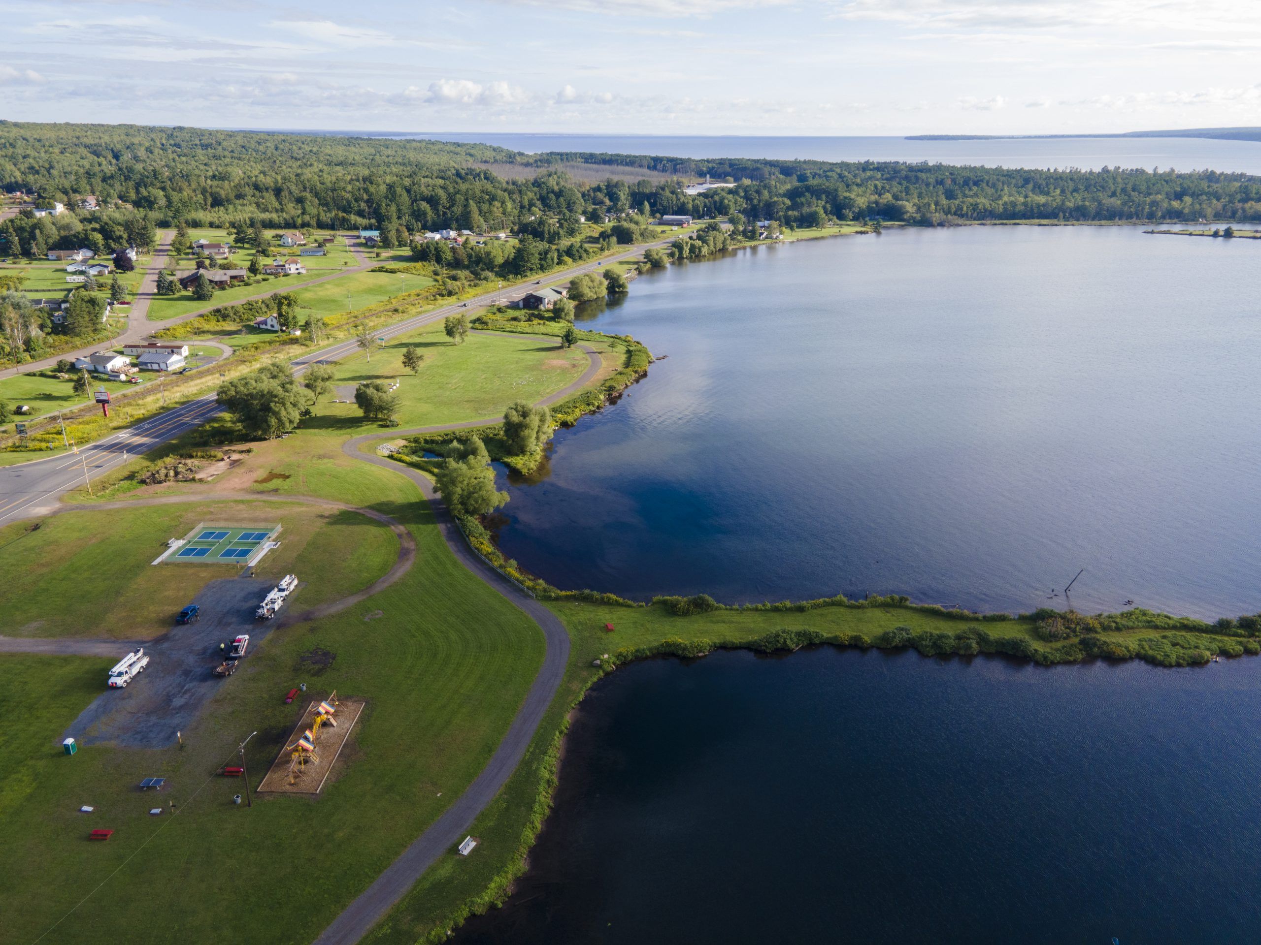 Drone shot of the Village of Baraga shoreline
